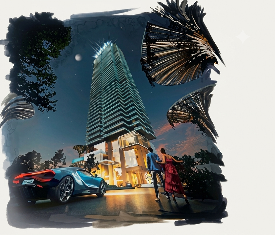 Night arrival at The Billionaire Residences with luxury car