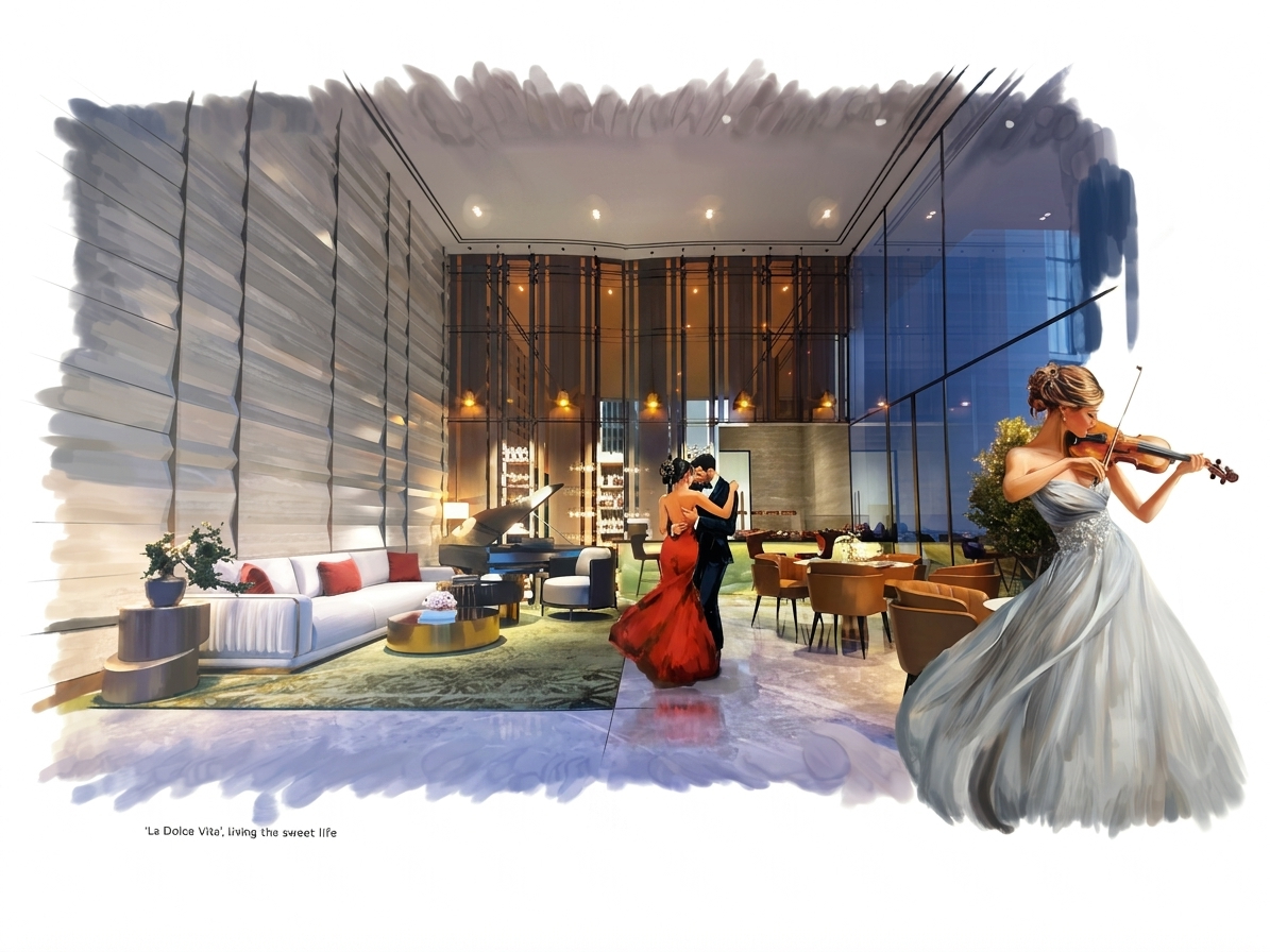 Elegant ballroom lounge with live violin, The Billionaire Residences