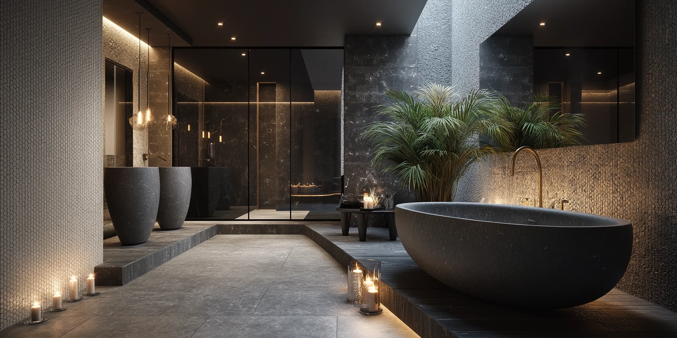 Moody dark stone bathroom with freestanding tub