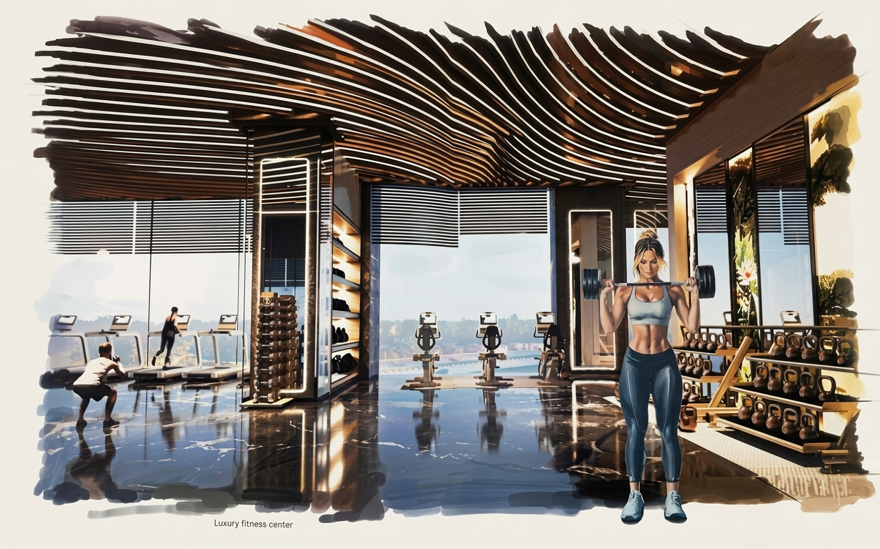 Luxury fitness center with skyline views