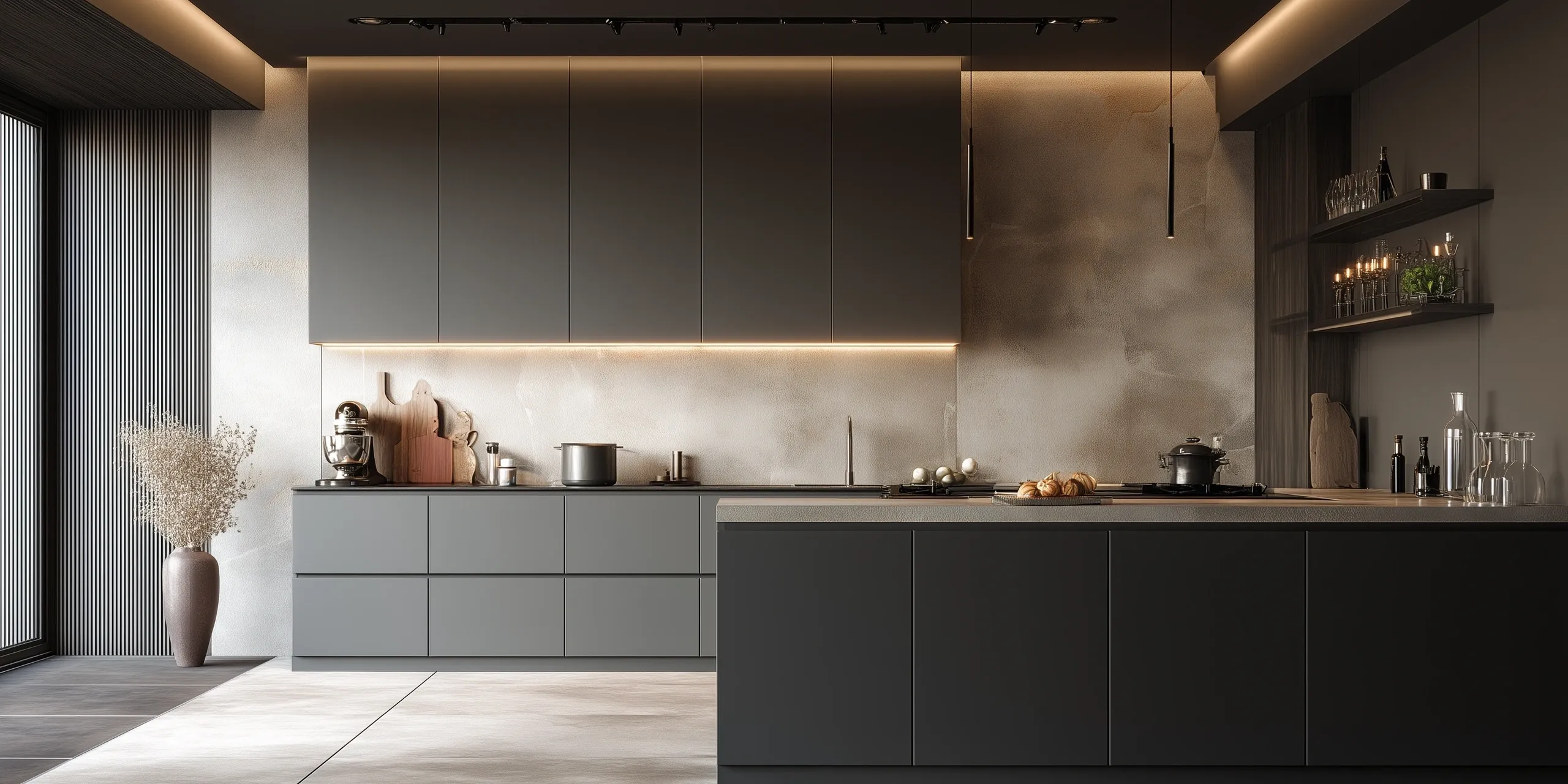 Contemporary kitchen with dark cabinetry and stone backsplash
