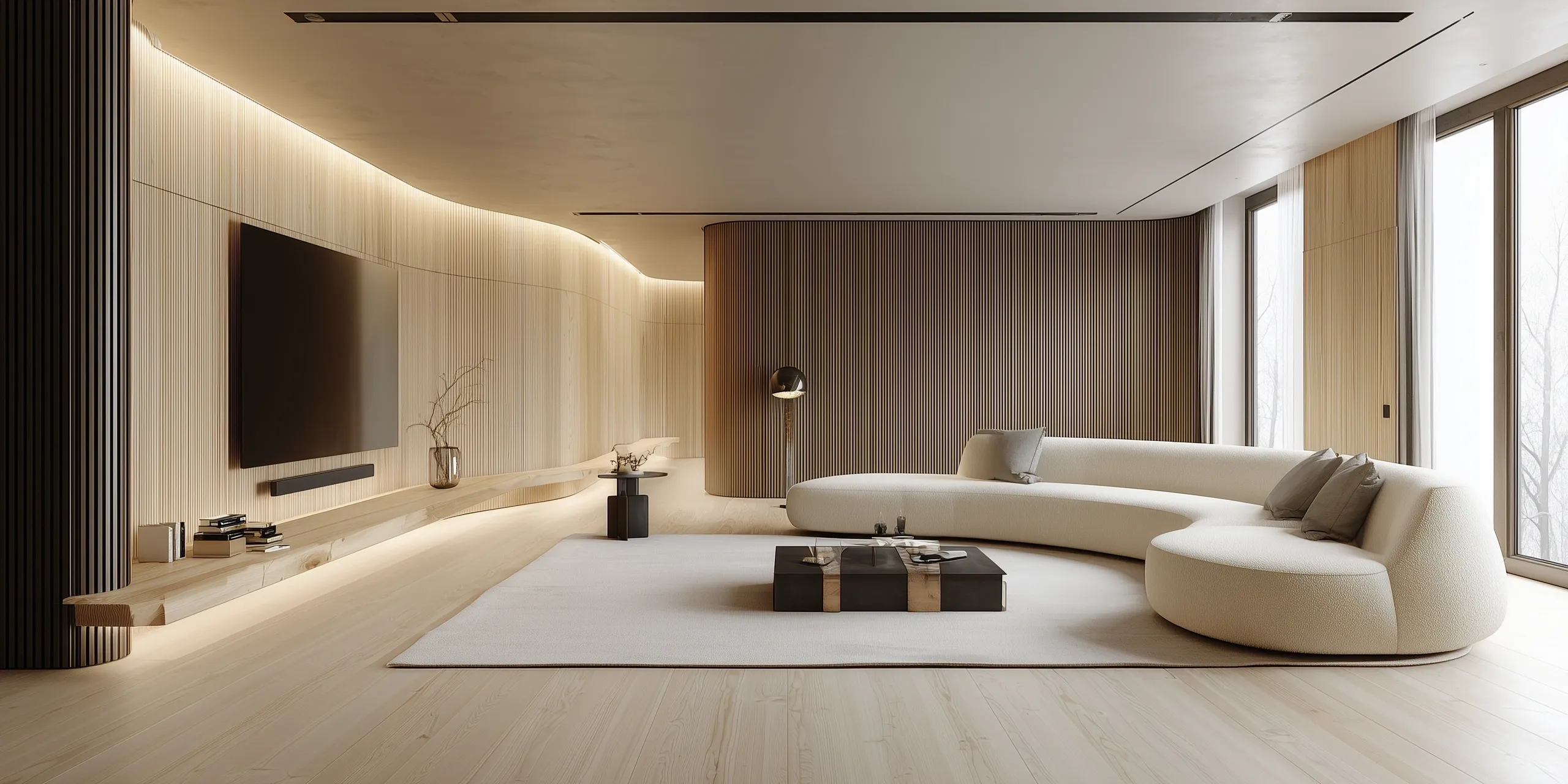 Living room with curved sofa and warm wood panelling