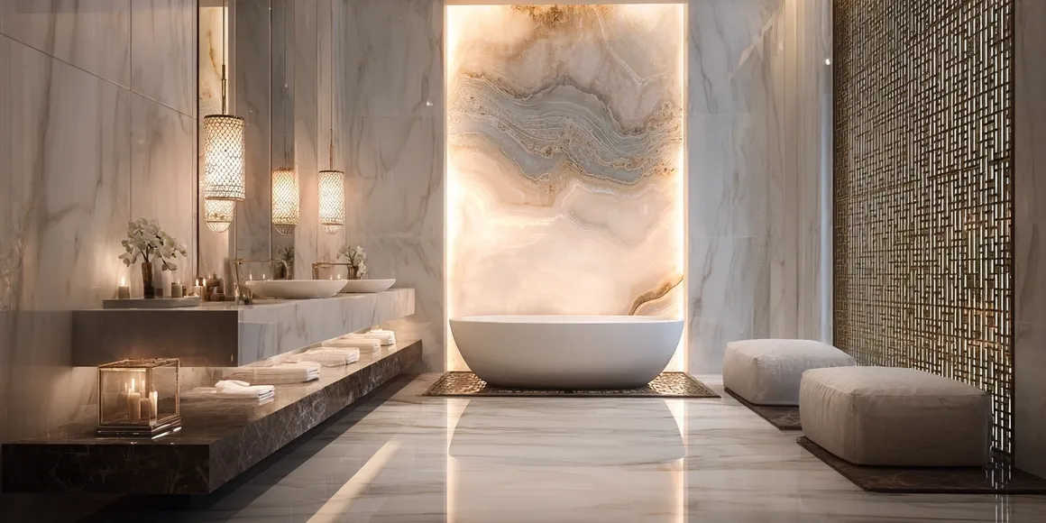 Onyx marble bathroom with backlit stone feature wall