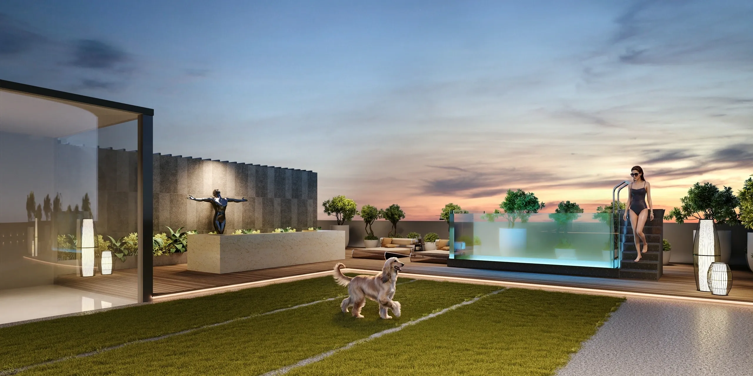 Private rooftop terrace with plunge pool at dusk